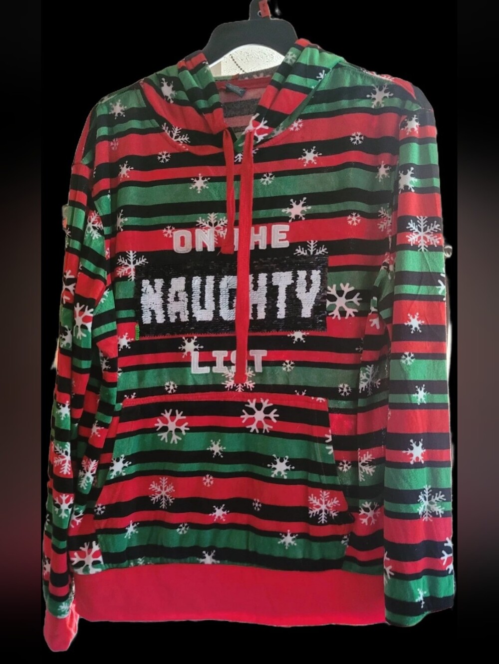 Christmas Outfit Hoodie/joggers Size Medium Naughty/Nice Sequin Holiday Party